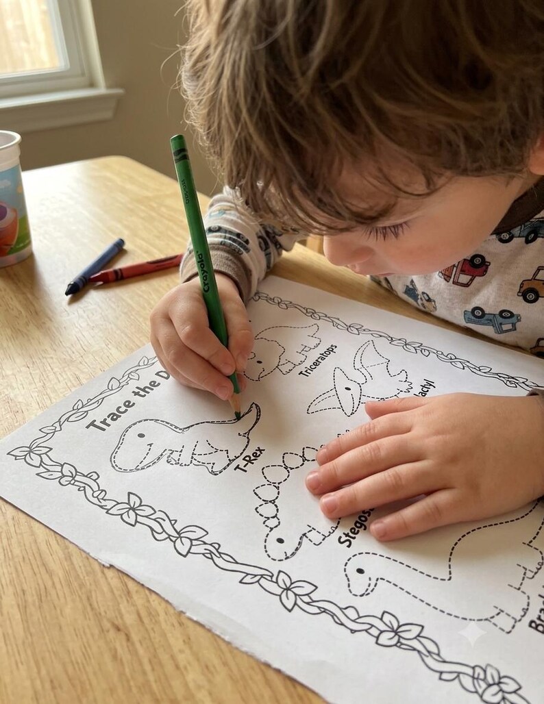 May include: A child is using a green crayon to trace a dinosaur outline on a white paper. The paper has the text "Trace the D" and features illustrations of various dinosaurs, including a T-Rex and Stegosaurus. Crayons are visible on the table.