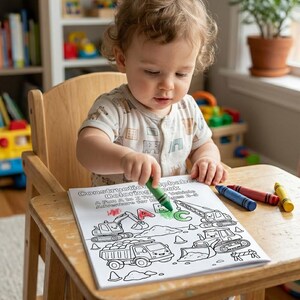 May include: A white paper coloring book titled Construction Coloring Book A Fun A to Z Truck and Vehicle Adventure for Kids Ages 2-5, featuring black and white line art of construction vehicles, with a green crayon coloring the letter C.
