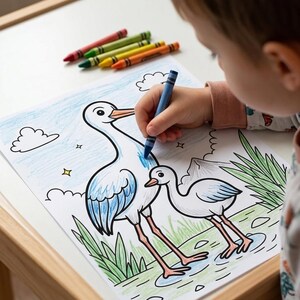 May include: A child coloring a picture of two storks with a blue crayon. The drawing is on white paper, and several crayons in red, green, yellow, and orange are visible on the table.