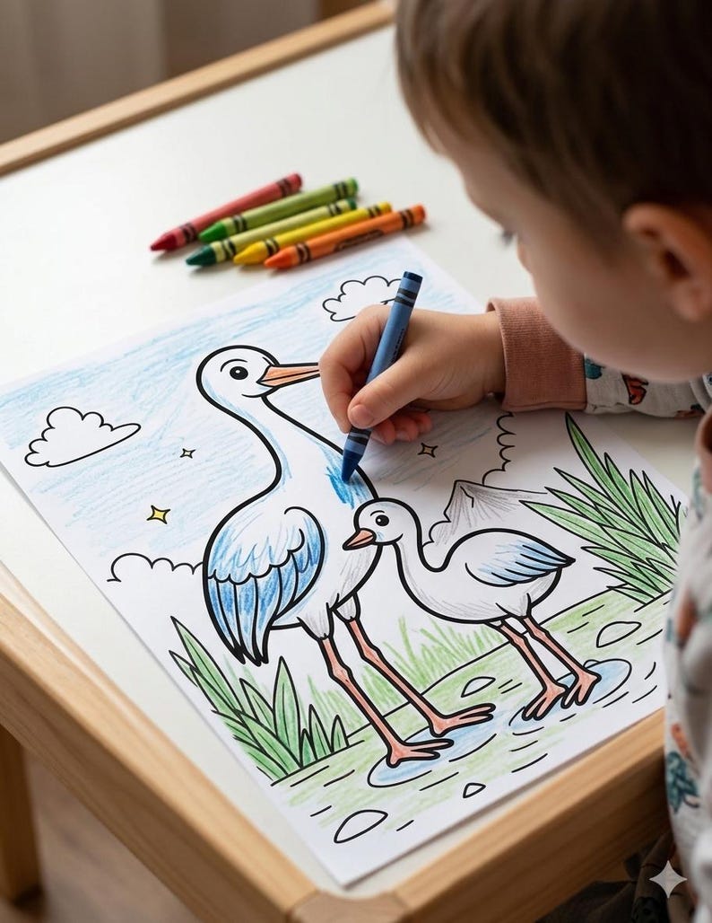 May include: A child coloring a picture of two storks with a blue crayon. The drawing is on white paper, and several crayons in red, green, yellow, and orange are visible on the table.