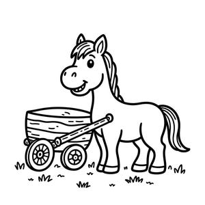 May include: A black and white line art illustration of a cartoon horse standing next to a small wooden cart with two wheels. The horse has a mane, a tail, and a smiling expression. The scene includes simple grass tufts on the ground.