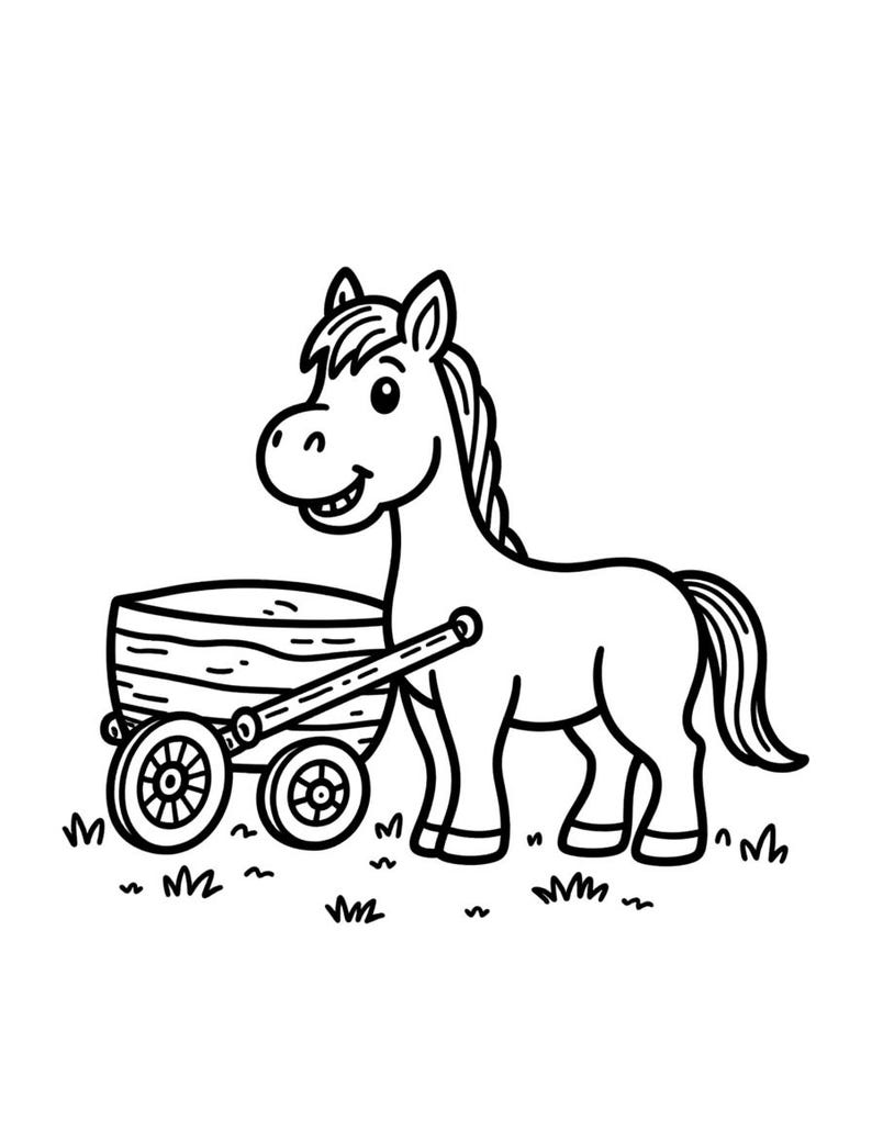 May include: A black and white line art illustration of a cartoon horse standing next to a small wooden cart with two wheels. The horse has a mane, a tail, and a smiling expression. The scene includes simple grass tufts on the ground.