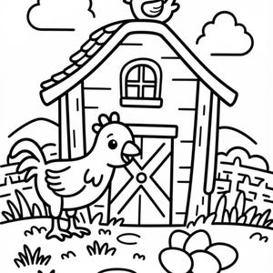 May include: A black and white line art coloring page featuring a chicken standing in front of a barn with a small bird perched on the roof. The scene includes a group of eggs on the ground, a wooden fence, grass, and clouds in the sky.