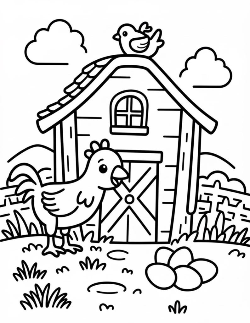 May include: A black and white line art coloring page featuring a chicken standing in front of a barn with a small bird perched on the roof. The scene includes a group of eggs on the ground, a wooden fence, grass, and clouds in the sky.