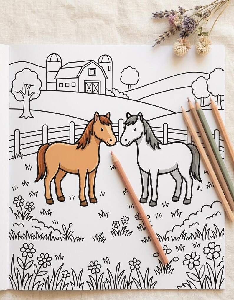 Peut inclure: Une page de livre de coloriage repr&eacute;sentant une sc&egrave;ne de ferme avec une grange, une cl&ocirc;ture et deux chevaux, un beige et un blanc, dans un champ de fleurs. Trois crayons de couleur beige et vert sont pos&eacute;s sur la page pr&egrave;s des chevaux.