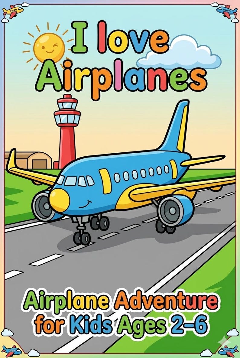 Puede incluir: Una colorida ilustraci&oacute;n de dibujos animados de un avi&oacute;n azul y amarillo en una pista con una torre de control roja al fondo. El texto dice I love Airplanes y Airplane Adventure for Kids Ages 2-6. Un sol sonriente y nubes arriba.