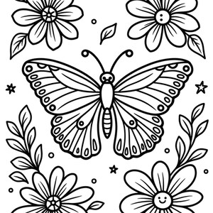May include: Black and white line art illustration featuring a detailed butterfly with patterned wings, surrounded by flowers, leaves, and stars. The design is suitable for coloring or as a decorative element.