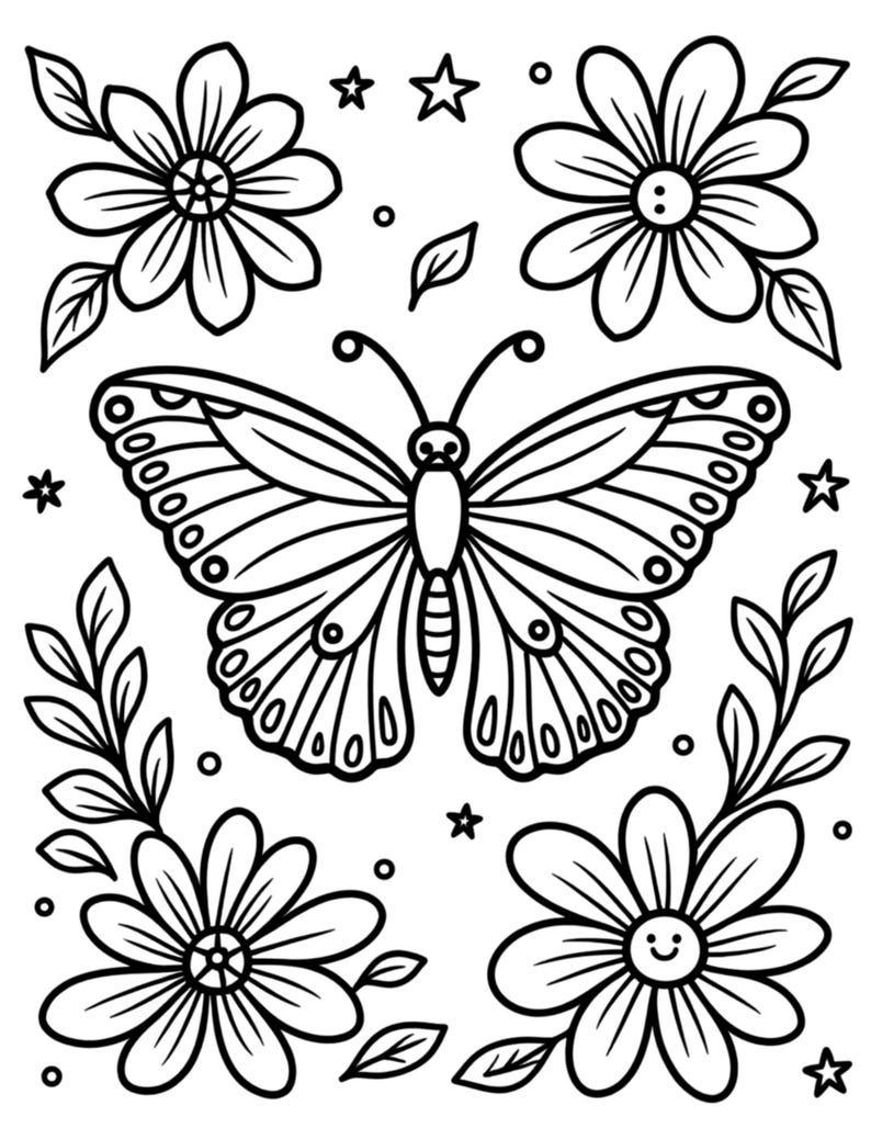 May include: Black and white line art illustration featuring a detailed butterfly with patterned wings, surrounded by flowers, leaves, and stars. The design is suitable for coloring or as a decorative element.