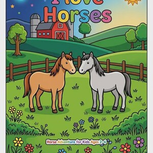 Puede incluir: Portada de libro infantil con el texto "I love Horses". Dos caballos est&aacute;n en un campo verde con un granero, una valla y colinas en el fondo. Tambi&eacute;n se ven el sol y la luna. El libro es para ni&ntilde;os de 2 a 6 a&ntilde;os.