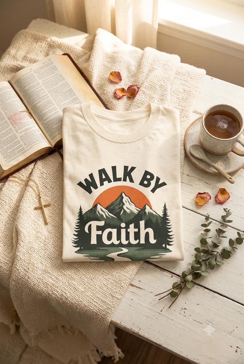 May include: A cream-colored t-shirt featuring a graphic print of a mountain range, pine trees, and a setting sun. The text "WALK BY FAITH" is printed in dark green lettering above and below the mountain illustration on the front of the shirt.