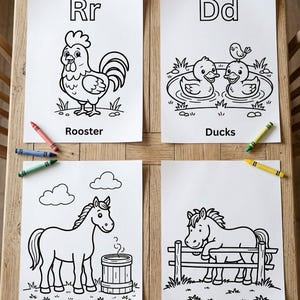 May include: Four white coloring pages featuring black line art illustrations of a rooster labeled Rr, two ducks labeled Dd, a horse with a barrel, and a horse by a fence. Four colorful crayons in red, blue, green, and yellow are placed nearby.