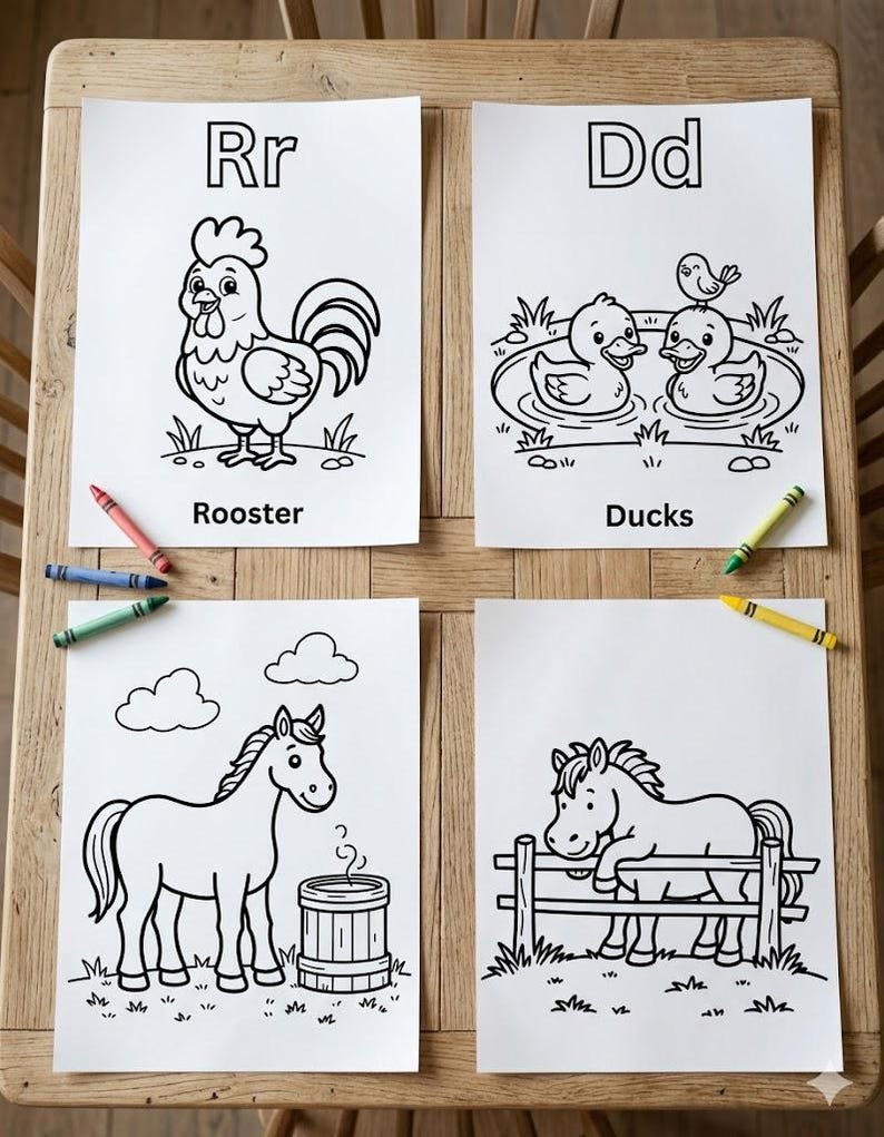 May include: Four white coloring pages featuring black line art illustrations of a rooster labeled Rr, two ducks labeled Dd, a horse with a barrel, and a horse by a fence. Four colorful crayons in red, blue, green, and yellow are placed nearby.