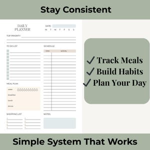May include: A daily planner page with sections for top priority, to-do list, schedule, meal plan with water tracker, shopping list, and notes. Text includes Stay Consistent, Track Meals, Build Habits, Plan Your Day, and Simple System That Works.