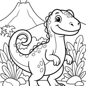 May include: Black and white illustration of a smiling dinosaur with a volcano and foliage in the background. The dinosaur has a long tail and spots on its back. The image is a coloring book page.