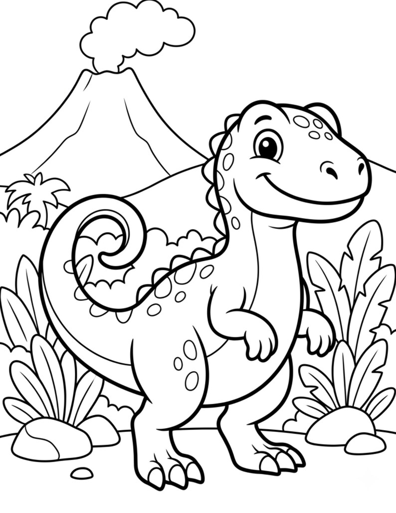 May include: Black and white illustration of a smiling dinosaur with a volcano and foliage in the background. The dinosaur has a long tail and spots on its back. The image is a coloring book page.