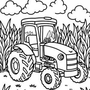 May include: A black and white line art coloring page featuring a tractor positioned in a field of tall corn stalks. The tractor has large treaded tires, a cabin with a steering wheel, and a hood. Fluffy clouds are visible in the sky above.