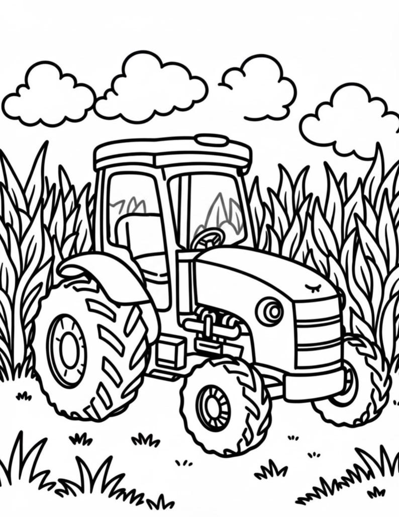 May include: A black and white line art coloring page featuring a tractor positioned in a field of tall corn stalks. The tractor has large treaded tires, a cabin with a steering wheel, and a hood. Fluffy clouds are visible in the sky above.