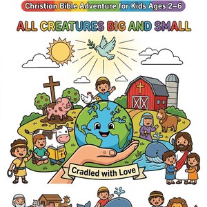 May include: A Christian coloring book titled Christian Bible Adventure for Kids Ages 2-6, All Creatures Big and Small, Cradled with Love, and Learn Through Play. The cover features colorful illustrations of children, animals, a barn, and a globe.