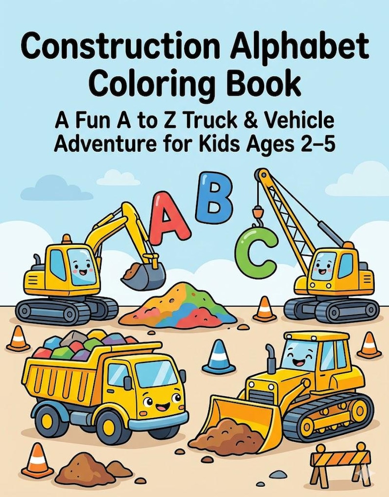 May include: A Construction Alphabet Coloring Book with the subtitle A Fun A to Z Truck & Vehicle Adventure for Kids Ages 2-5. The cover features yellow cartoon construction vehicles, including an excavator, crane, dump truck, and bulldozer.