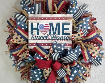 Patriotic Wreath For Front Door, Home Sweet Home Wreath, Americana Wreath, Farmhouse Wreath, Summer Wreath, Americana Decor, Farmhouse Decor