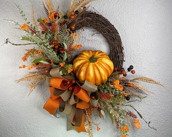 Pumpkin Grapevine Wreath, Fall Grapevine Wreath, Grapevine Wreath, Fall Wreath, Pumpkin Wreath, Fall Florals Grapevine Wreath