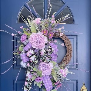 Spring and Summer Wreath for Front Door, Lavender and White Floral Wreath, Housewarming Gift for New Owner