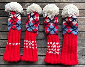 Vintage hand-knitted wool golf club covers