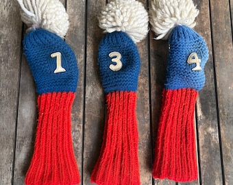 Vintage hand/knitted red, white and blue golf club covers
