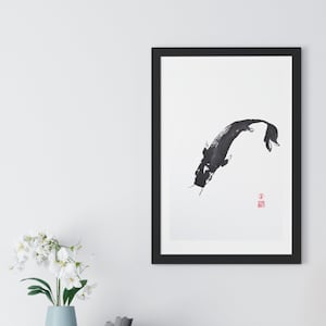 Large Framed Japanese Koi Fish Painting Reproduction Print Sumi-e Ink Minimalist Wall Art Japan Asian Decor Feng Shui Chinese Brush