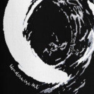 May include: Abstract black and white artwork featuring a large, white, swirling brushstroke against a black background. The artwork has a minimalist aesthetic, with the artist's signature in the lower left corner. The piece evokes a sense of movement and energy.
