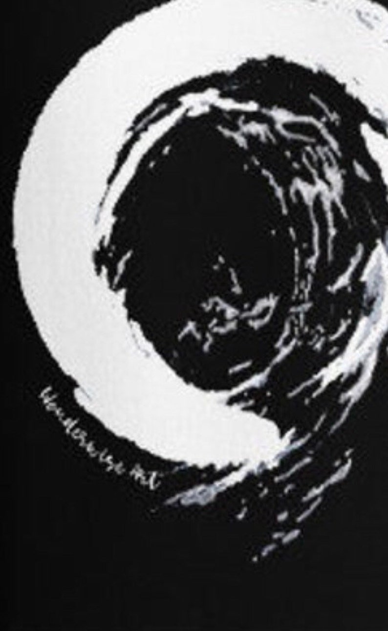 May include: Abstract black and white artwork featuring a large, white, swirling brushstroke against a black background. The artwork has a minimalist aesthetic, with the artist's signature in the lower left corner. The piece evokes a sense of movement and energy.