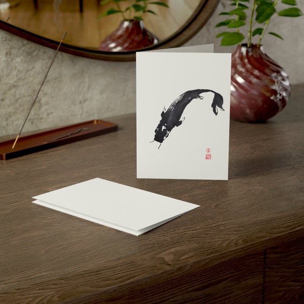 Koi Fish Japonais Stationnaire en vrac Sumi e Peinture Plié Ensembles de cartes de vœux Encre Art minimaliste Japon Feng Shui Pinceau Chinois Papeterie