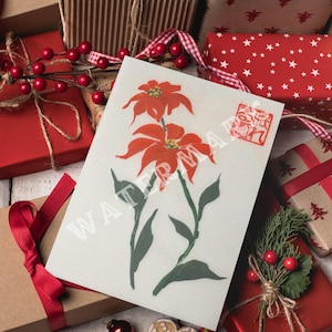Poinsettia japonais PRINTABLE Stationnaire, Cartes de Noël originales peintes à la main, Cartes de vente en gros, Cartes du nouvel an Boho, Sumi-e Homemade
