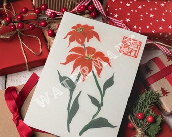 Japanese Poinsettia PRINTABLE Stationary, Original Hand painted Christmas Cards, Wholesale Cards, Boho New Years Cards, Sumi-e Homemade