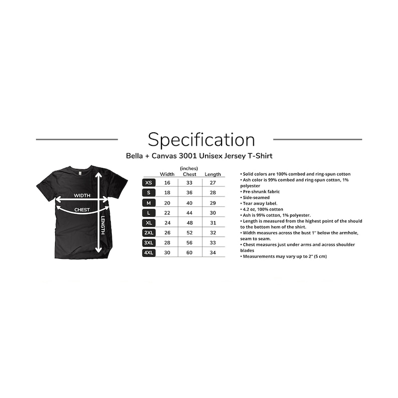 May include: A black Bella + Canvas 3001 Unisex Jersey T-Shirt with a specification chart. The chart provides measurements in inches for width, chest, and length, ranging from XS to 4XL. The shirt is made of combed and ring-spun cotton.