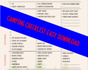 Camping Checklist PDF File Instant Download