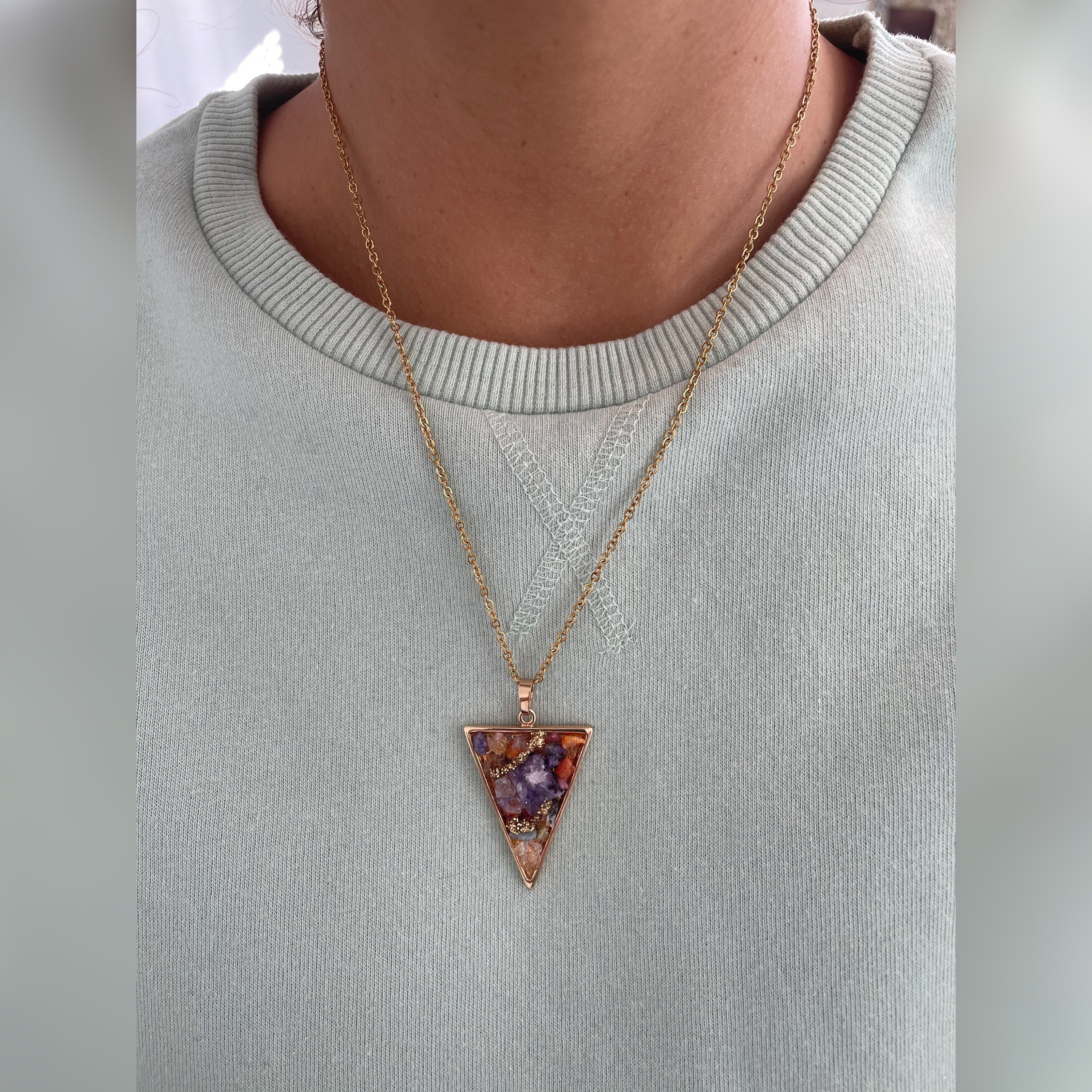 Colourful crystal bed pendant necklace Golden triangle charm Etsy