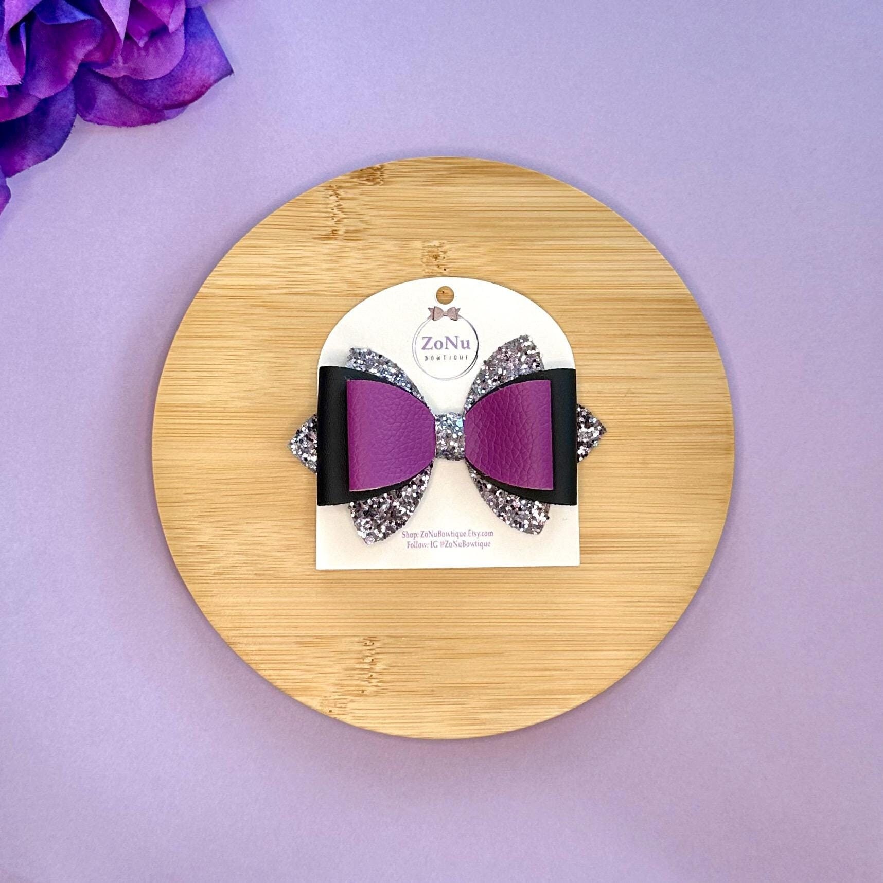 Glittery Purple Bow with Black Mustache Fall Glitter Bows – Inspired Instinct main image 2