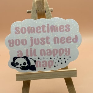 May include: A white sticker with a pink and black panda bear sleeping with the text "sometimes you just need a lil nap" and a pink "nap" with black stars and sparkles.