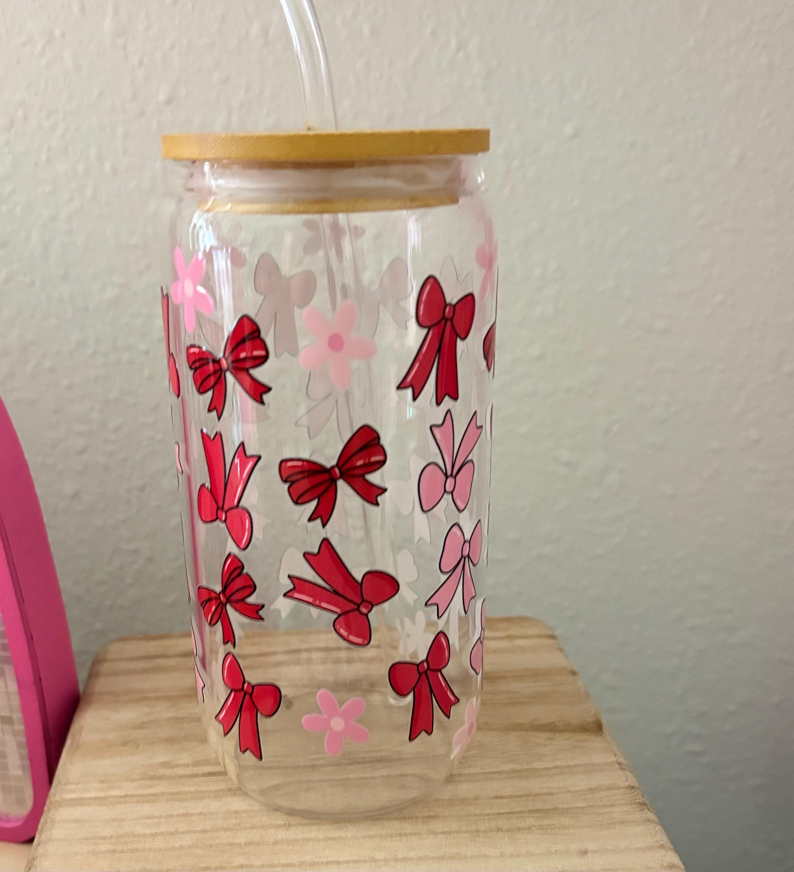 Pink and Red Bow Glass Cup, Bamboo Lid and Straw 16oz - Etsy