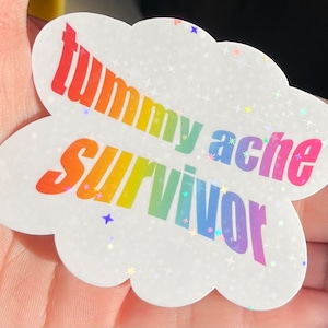 Rainbow Tummy ache survivor Holographic Sticker, Funny Sticker, Meme Sticker, Holographic Sticker, Water bottle sticker, silly sticker
