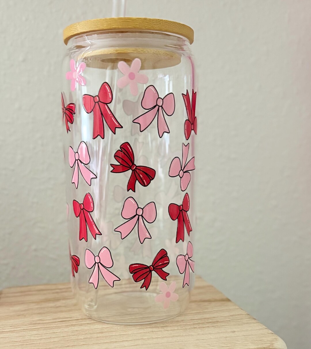 Pink and Red Bow Glass Cup, Bamboo Lid and Straw 16oz - Etsy
