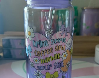 Snarky Coffee Glass Cup, Reusable 16oz Glass Can with Lid and Straw