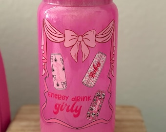 Pink Glitter Glass Tumbler with Rhinestone Lid: Spooky Babes Energy Drink Design