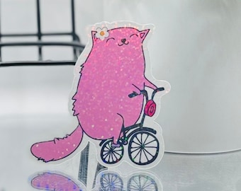 Pink cat holographic sticker, Water resistant, vinyl