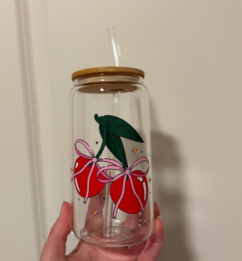 Cherry Coquette Glass Cup, Bamboo Lid and Straw 16oz - Etsy