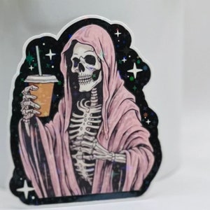 Pink skelton with coffee Halloween holographic vinyl sticker