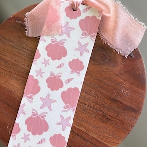 Pink Shells Cardstock Bookmark with Chiffon Ribbon