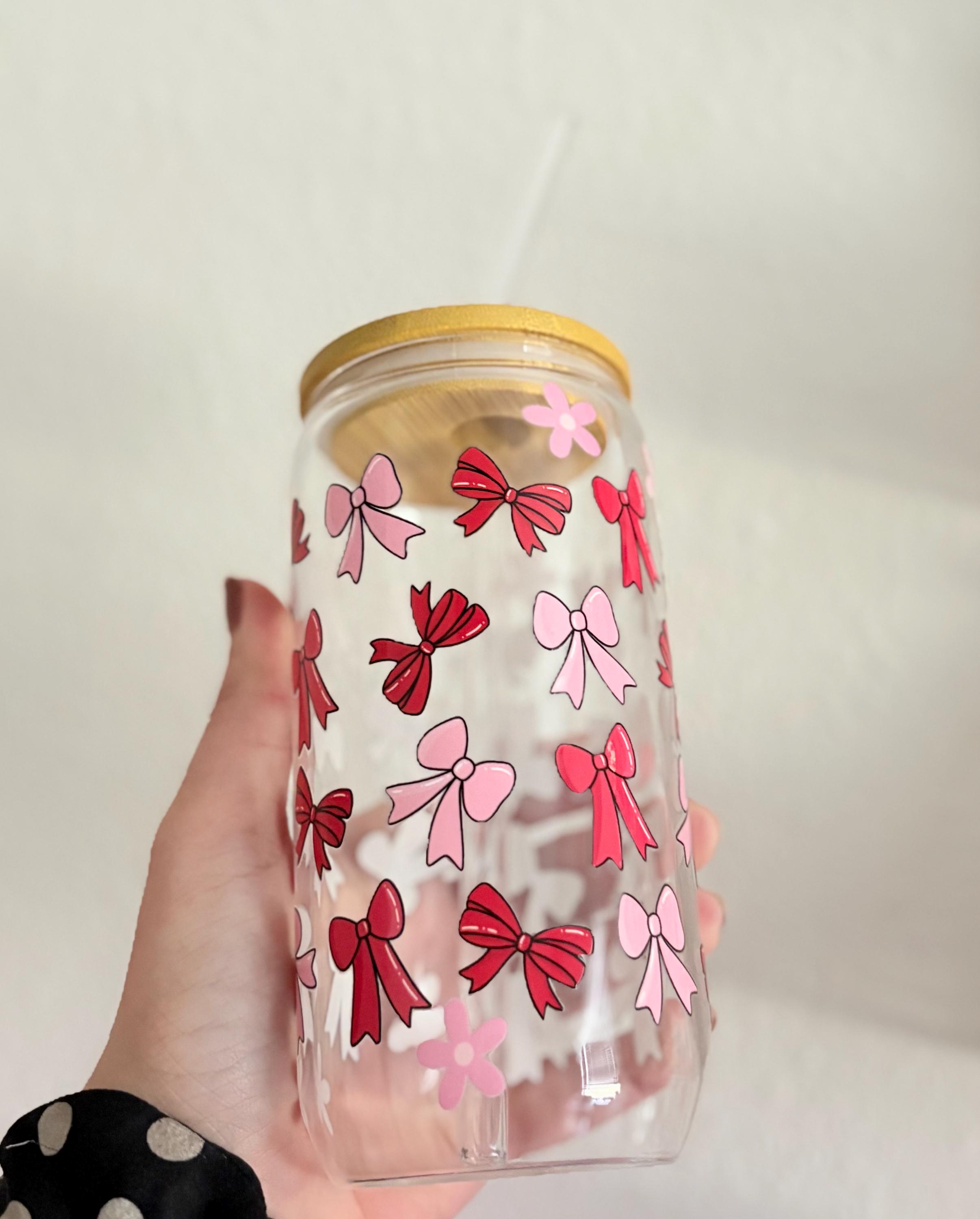 Pink and Red Bow Glass Cup, Bamboo Lid and Straw 16oz - Etsy