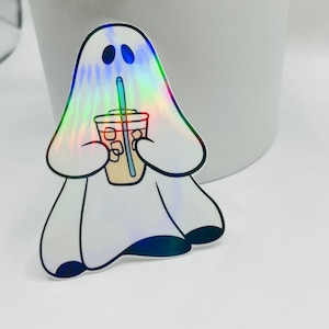 Holographic Ghost Coffee Sticker, vinyl waterproof